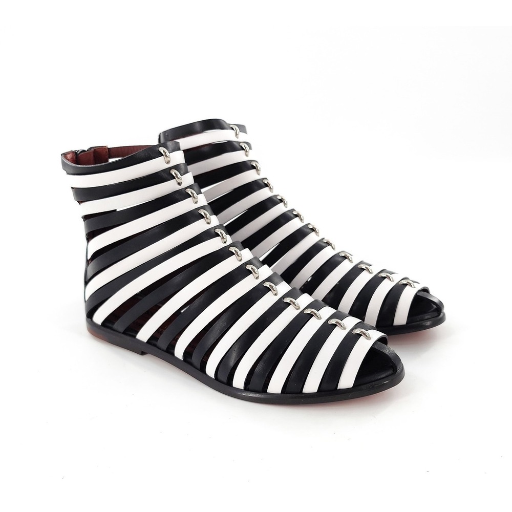 MISSONI NWOB $848 Strappy Black White Leather Flat Sandals Zip Size 36 5.5